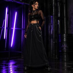 Y2k Kik Girl Maxi Skirt 13/14 Black Contrast Stitch Cyber Goth Alt-Skater Grunge